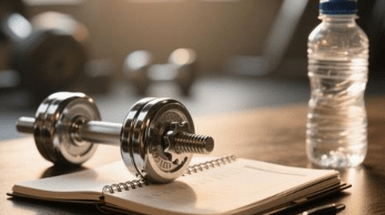 A workout journal with dumbbells and a water bottle