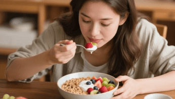 A woman eating a healthy breakfast bowl with fruit and yogurt.