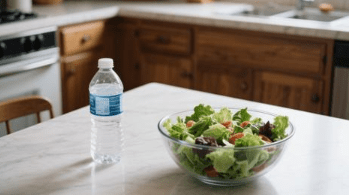 Fresh salad bowl and water bottle on a kitchen table.